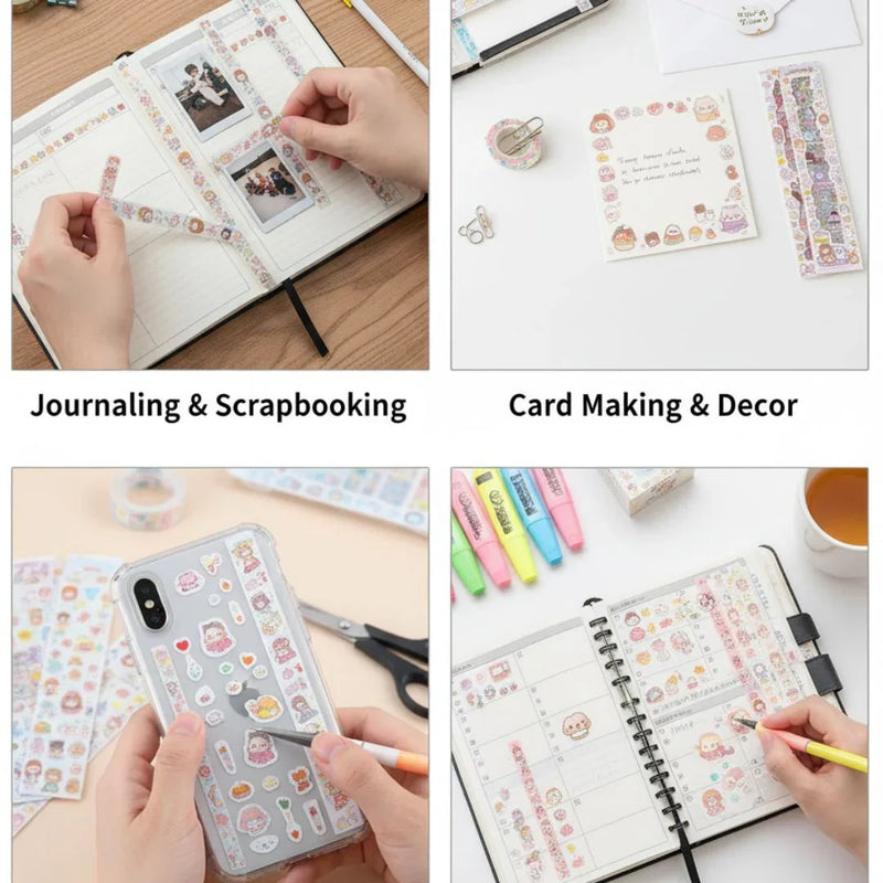 Cute Cartoon Theme Kawaii Stickers - 20 PET Sheets Cute Washi Stickers for Project, Japanese Style Girls Sticker Set, Size of Each Sheet - 20 X 8 CM (Colour  and Design May Vary)