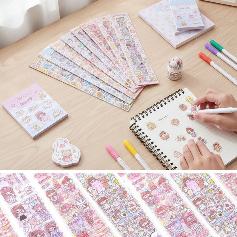 Cute Cartoon Theme Kawaii Stickers - 20 PET Sheets Cute Washi Stickers for Project, Japanese Style Girls Sticker Set, Size of Each Sheet - 20 X 8 CM (Colour  and Design May Vary)