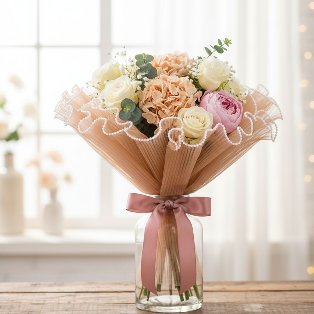 Premium Brown Wrinkled Net Gift Wrap with Pearls | 64cm | 2026 Edition