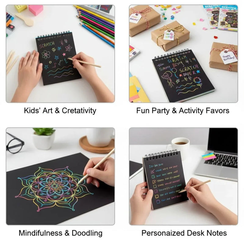 (Buy 1 Get 1 FREE) A6 Scratch Book -(A Book of 10 Sheets Kids Painting Set Scratch Paper Colourful Magic Scratch Art Painting Paper with Drawing Stick Baby Playing Toys