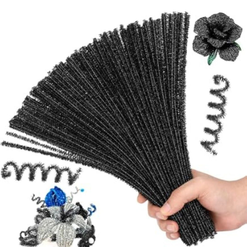 Black Glitter Pipe Cleaners - 100 Count Sparkly Craft Stems