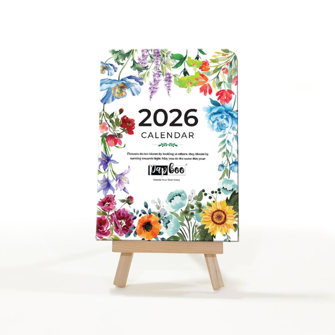 Papboo 2026 Floral Desk Calendar | Watercolor Botanical Design | With Wooden Easel Stand | 350 GSM Premium Paper