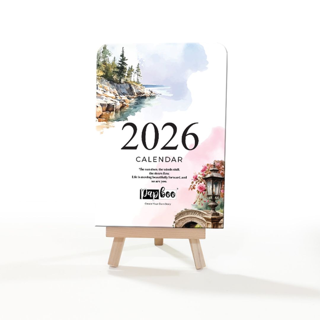 Papboo 2026 Scenic Watercolor Desk Calendar | Landscape Art Design | Wooden Easel Stand | 350 GSM Premium Paper
