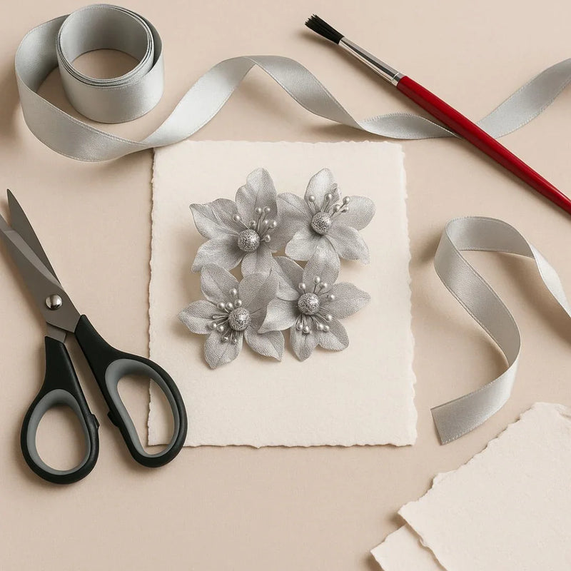 Elegant Silver Fabric Flowers | 60-Piece Embellishment Set