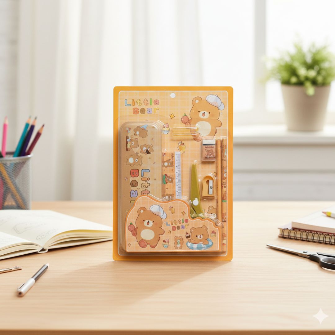 Cute Little Bear Stationery Set | Pencil Box, Ruler & Scissor Kit l Pack of 1