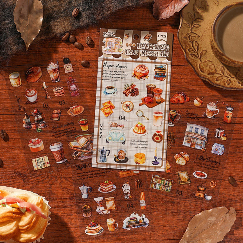 (Buy 1 Get 1 Free) Vintage Dessert & Travel Theme Stickers for Scrapbook l Pack of 1 contains 4 sheets