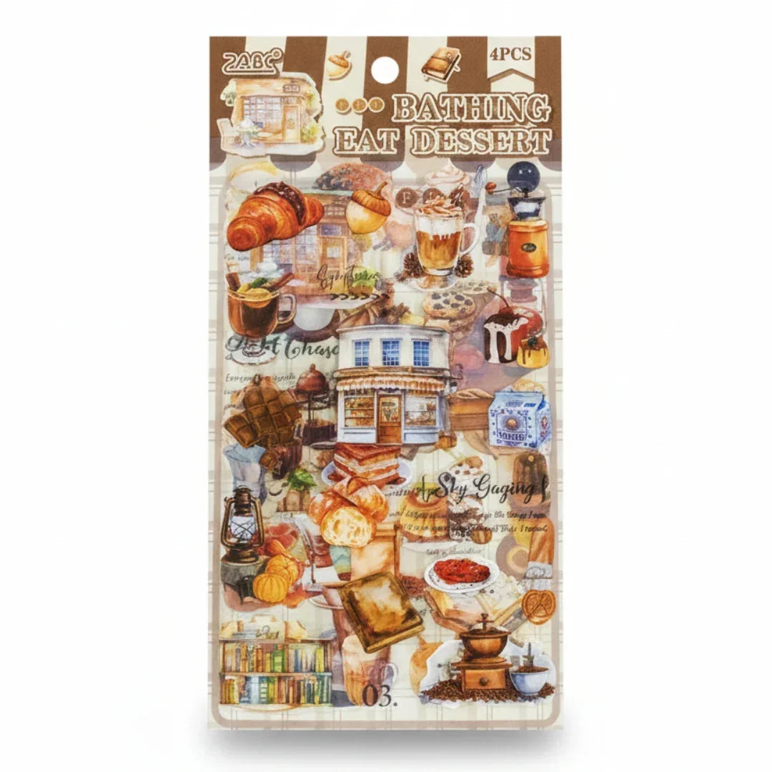 (Buy 1 Get 1 Free) Vintage Dessert & Travel Theme Stickers for Scrapbook l Pack of 1 contains 4 sheets
