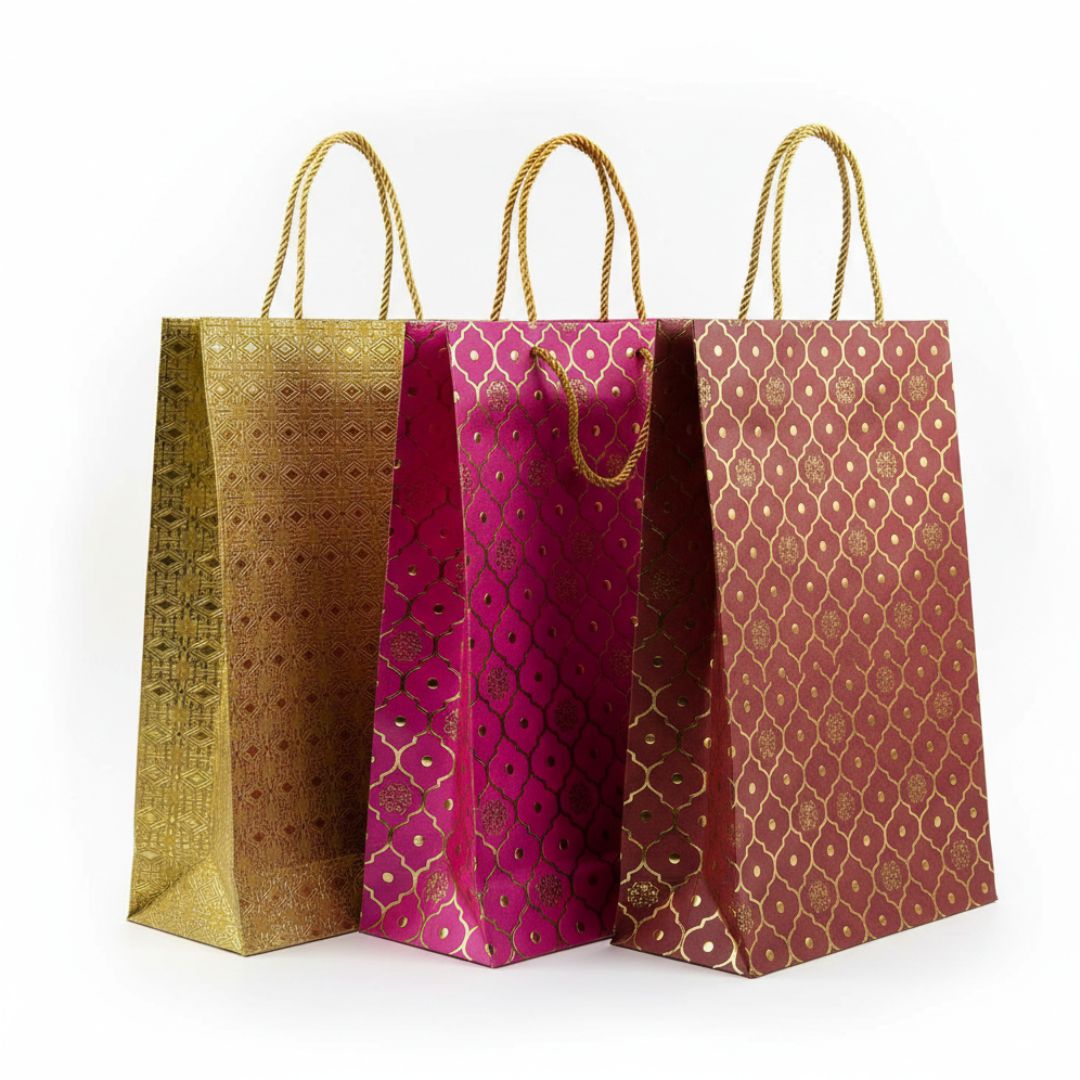 Premium Paper Bags for Gold desing Gift bag ,Small Presents, Weddings, Birthday, Holiday Presents, Multicolor (32cmx22.4cm) Pack of 1