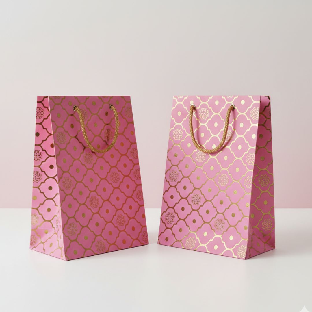 Paper Bags for Gold desing & light pink bag, Gift bag ,Small Presents, Weddings, Birthday, Holiday Presents, (23cmx15cm) Pack of 1