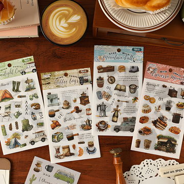 ( Buy 1 Get 1 Free ) Vintage Aesthetic Sticker Sheet Collection | Coffee, Travel & Camping Theme |  Pack of 1 contains 4 sheets