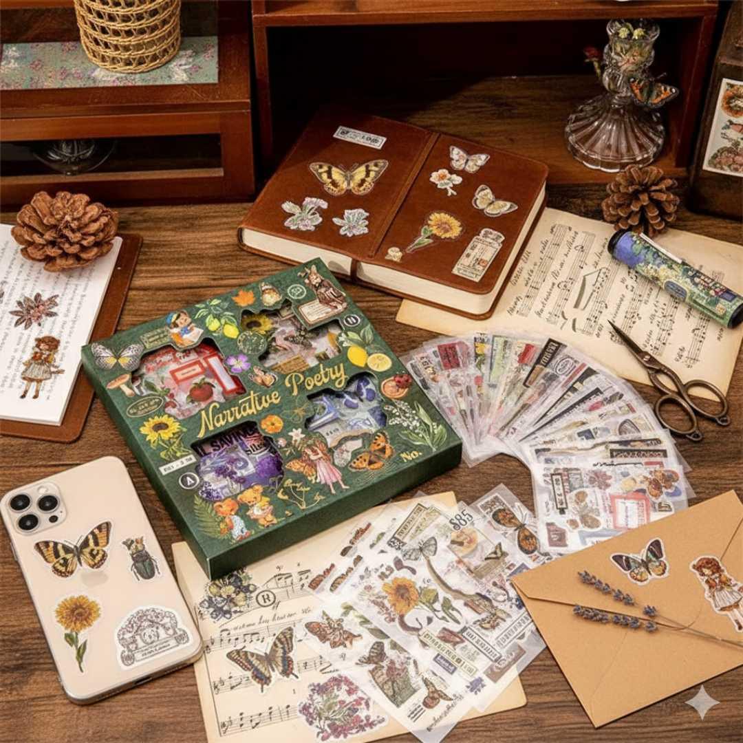 Vintage Botanical & Fairytale Sticker Set, 100 Sheets, Whimsical Nature Designs for Journaling, Scrapbooking, Retro Floral & Butterfly Themes