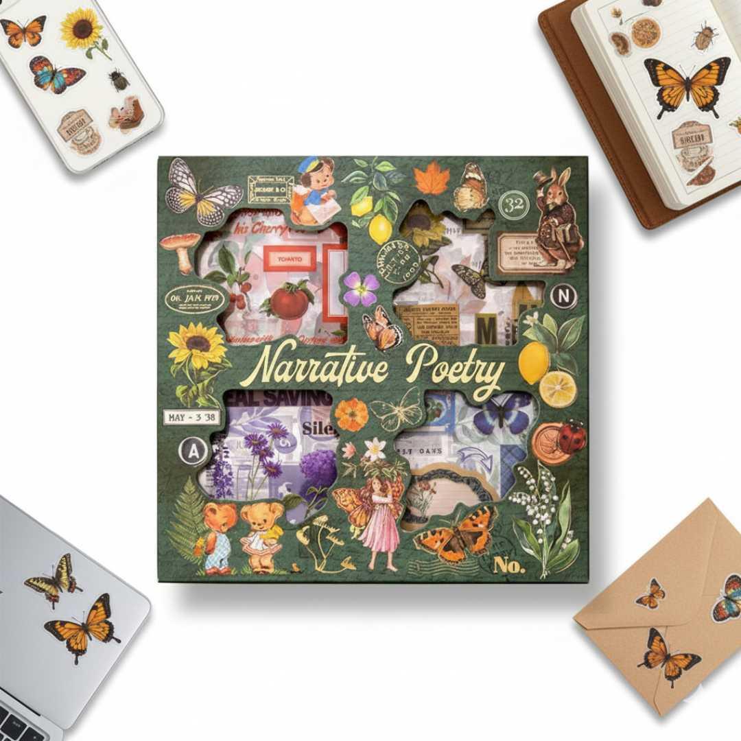 Vintage Botanical & Fairytale Sticker Set, 100 Sheets, Whimsical Nature Designs for Journaling, Scrapbooking, Retro Floral & Butterfly Themes