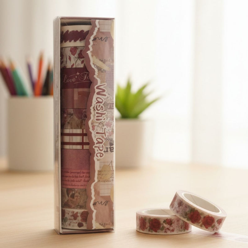 Maroon floral Retro Washi Tape Pack for Journaling l Pack of 1 Contains 10 washi tapes