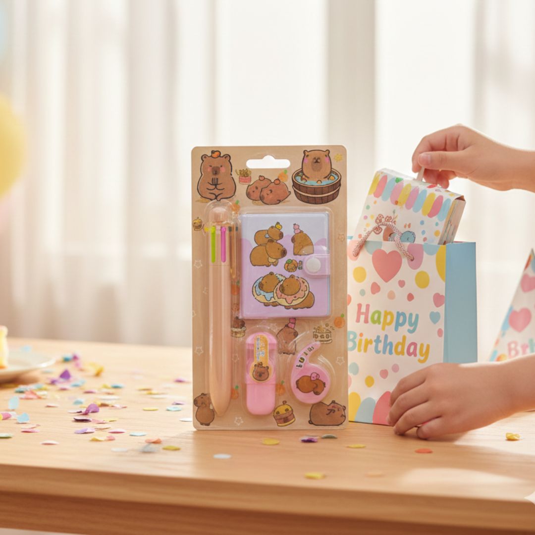 Capybara Cute Stationery Gift Set | Mini Notebook, Pen & Eraser Kit