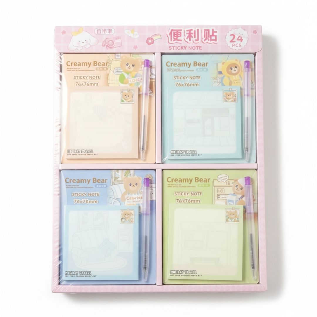 Cute Creamy Bear Sticky Notes with pen  l 76x76mm l Pack of 1 contains 70 sheets