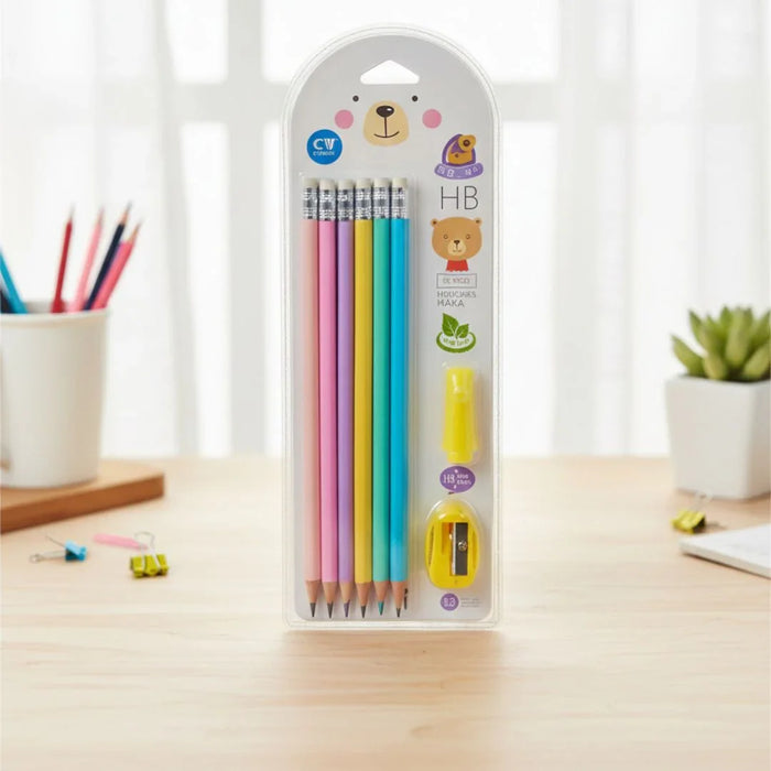 Pastel HB Pencil Set | 12 Graphite Pencils with Eraser & and Sharpener