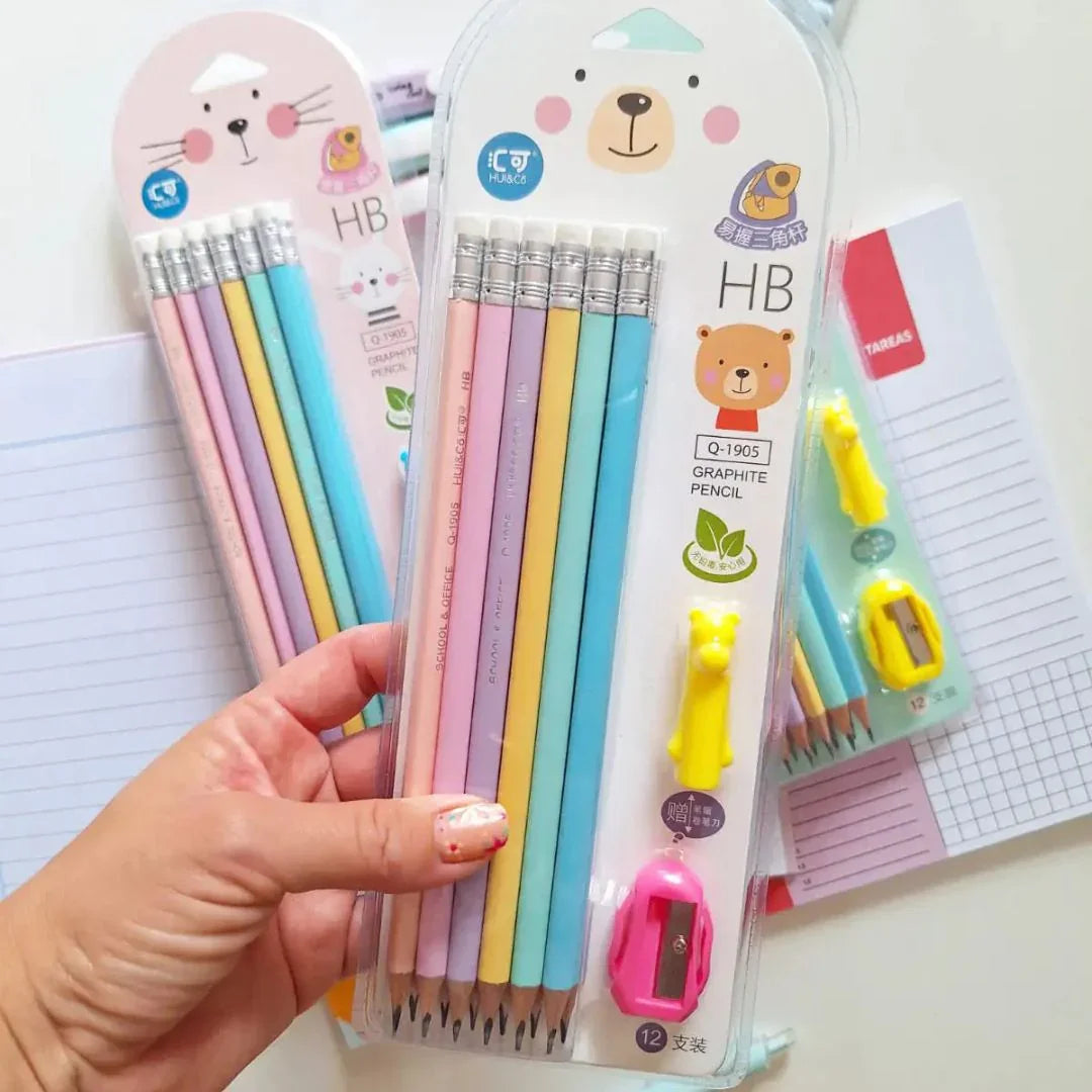 Pastel HB Pencil Set | 12 Graphite Pencils with Eraser & and Sharpener