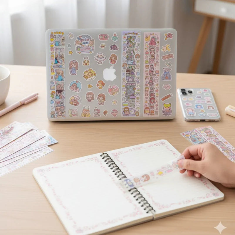 Cute Cartoon Theme Kawaii Stickers - 20 PET Sheets Cute Washi Stickers for Project, Japanese Style Girls Sticker Set, Size of Each Sheet - 20 X 8 CM (Colour  and Design May Vary)