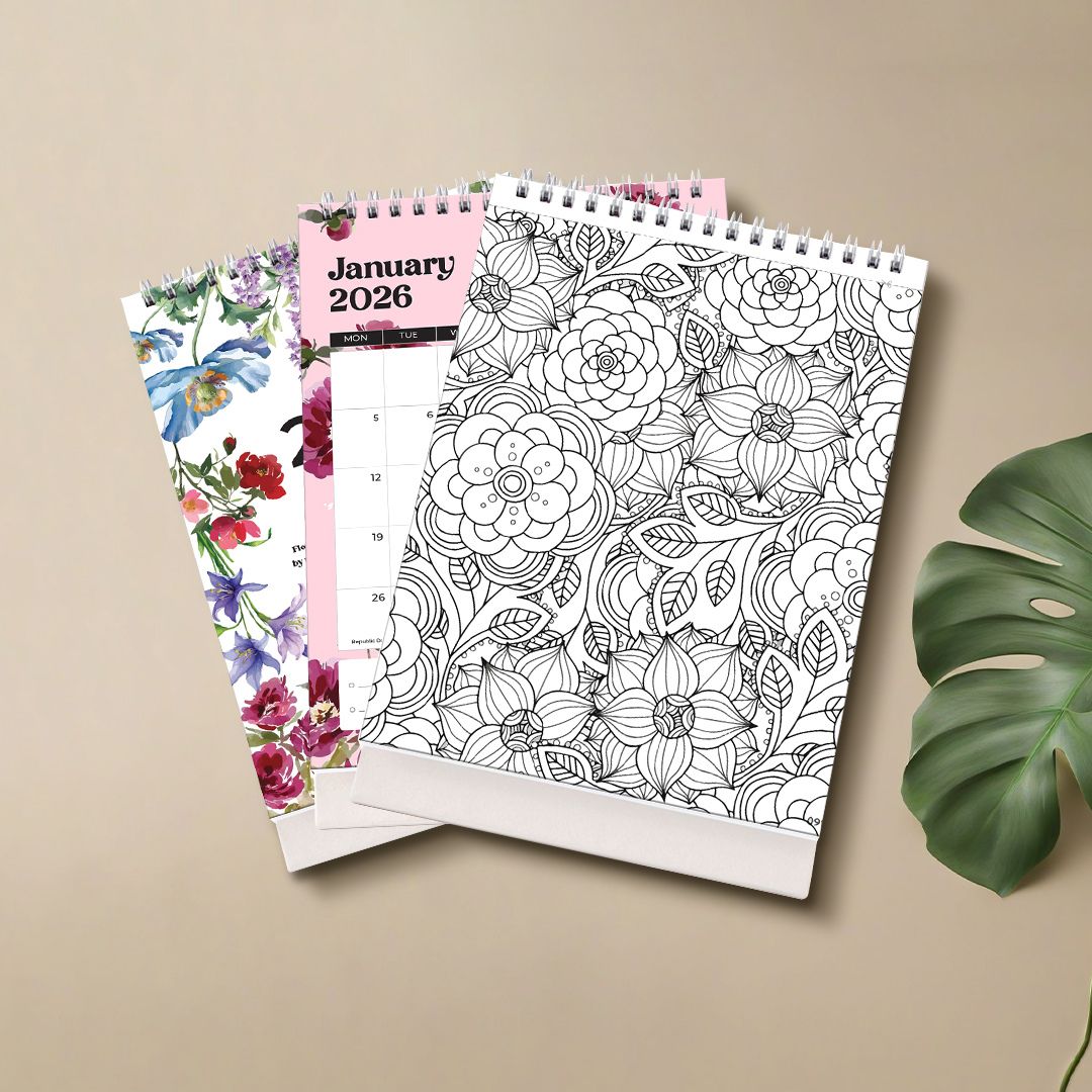 Papboo 2026 Floral Desk Calendar | Coloring Flip Calendar with Monthly Planner & Notes Section | 250 GSM Premium Paper