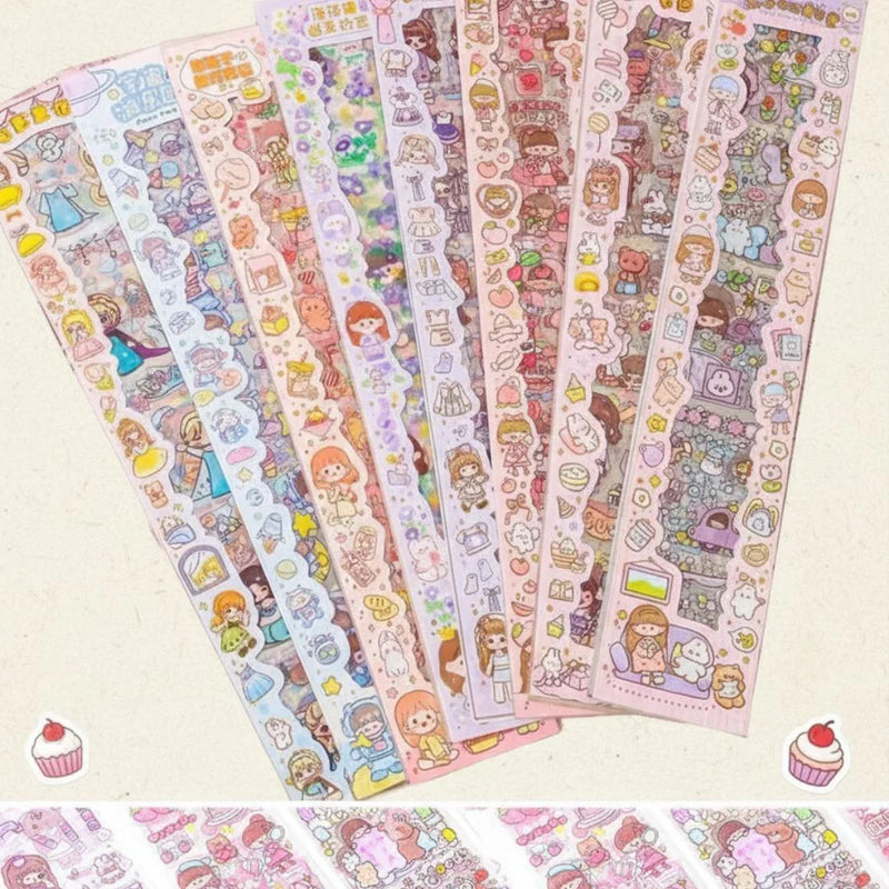Cute Cartoon Theme Kawaii Stickers - 20 PET Sheets Cute Washi Stickers for Project, Japanese Style Girls Sticker Set, Size of Each Sheet - 20 X 8 CM (Colour  and Design May Vary)