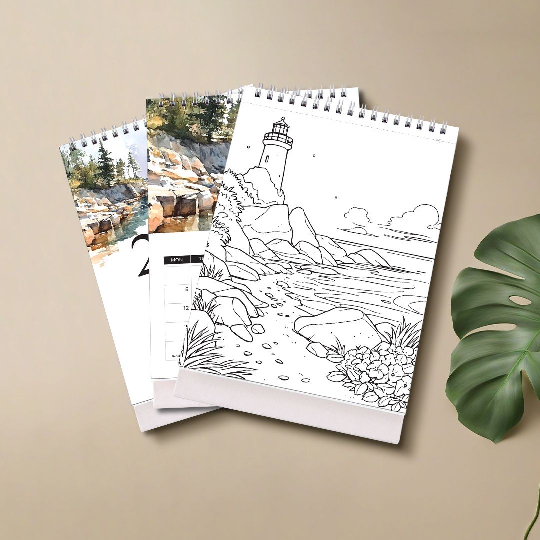 2026 Scenic Desk Calendar | Watercolor Landscape Art Calendar with Monthly Planner & Coloring Pages | 250 GSM Premium