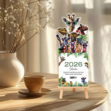 Papboo 2026 Animal Adventure Calendar | Mini Desk Calendar with Wooden Stand | Fun Safari Theme for Home & Office