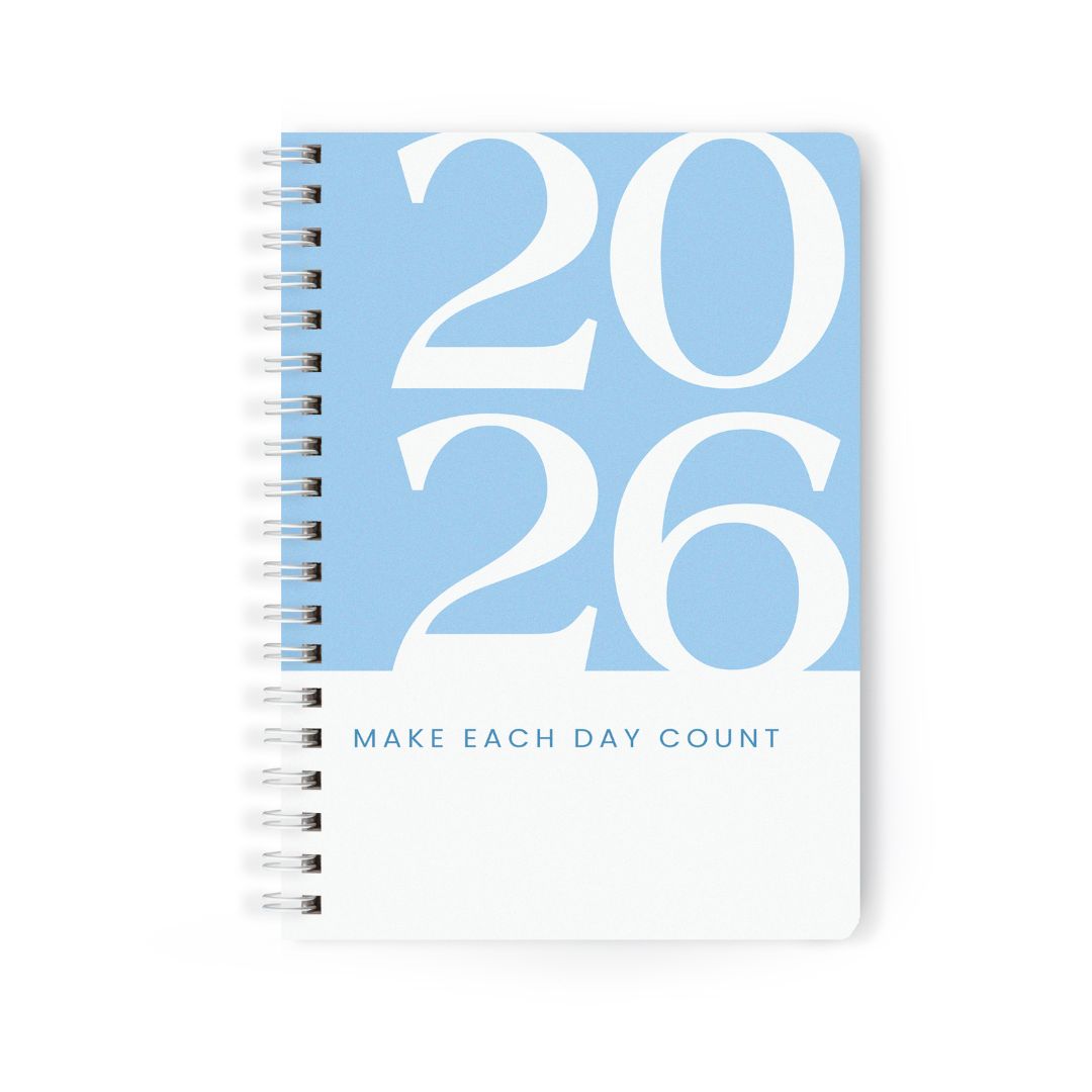 Make Each Day Count 2026 Planner | Sky Blue Minimal Wiro Diary | Matte Hardbound Cover | Daily Notes & Goals Journal