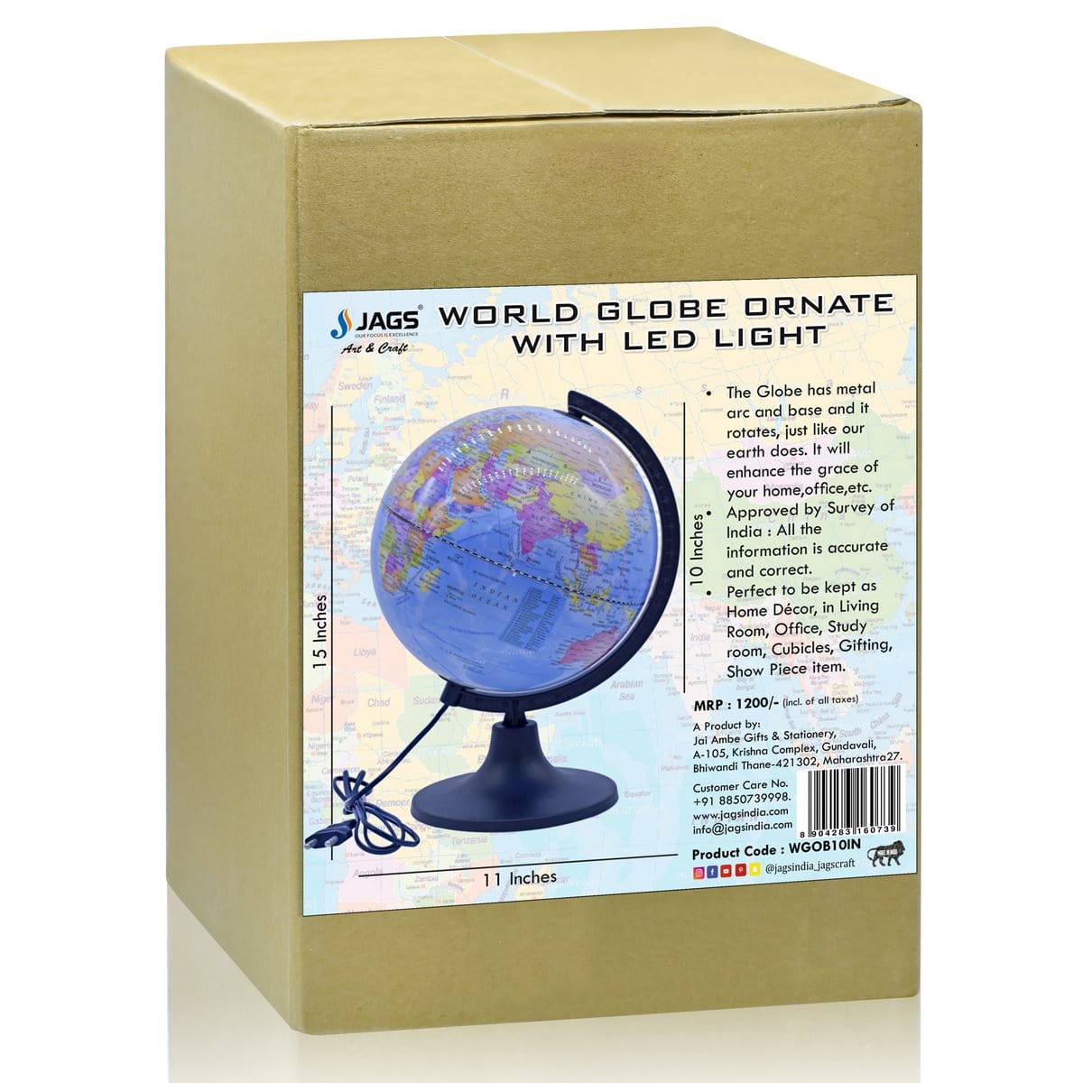 World Globe Ornate 10 Inch Blue With LED Light WGOB10IN