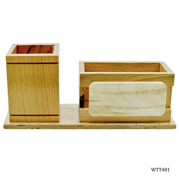 Wooden Table Top Pen Stand With Card Holder Natural Wood