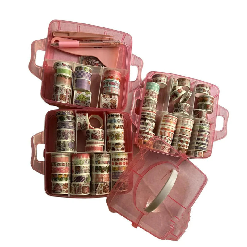 Washi Tape Set - 100 Pcs Designer Decorative Gift Packing Tape Masking Tapes with 20 Pcs Kawaii Stickers, Tweezer, Pen and Spatula in 3 Layer Box, Tapes for Art & Craft (Pink Colour  Box)