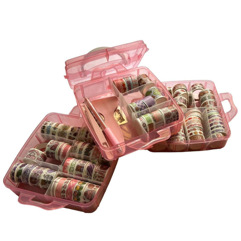Washi Tape Set - 100 Pcs Designer Decorative Gift Packing Tape Masking Tapes with 20 Pcs Kawaii Stickers, Tweezer, Pen and Spatula in 3 Layer Box, Tapes for Art & Craft (Pink Colour  Box)