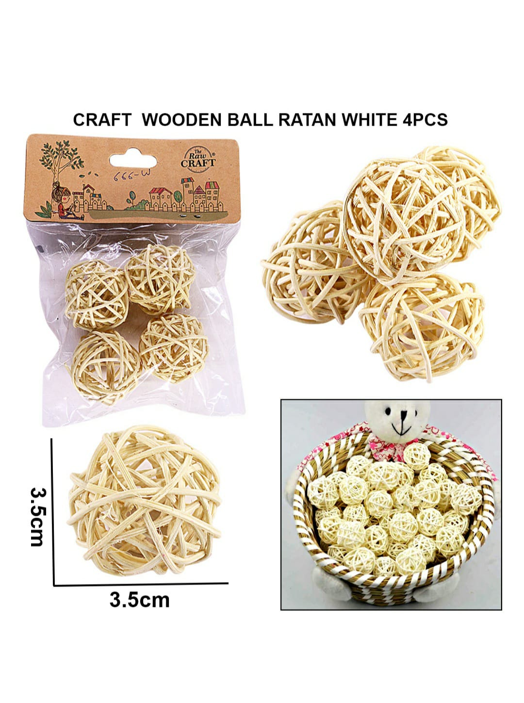 Wooden Ball Ratan 3.5Cm 4Pcs White 666W | INKARTO