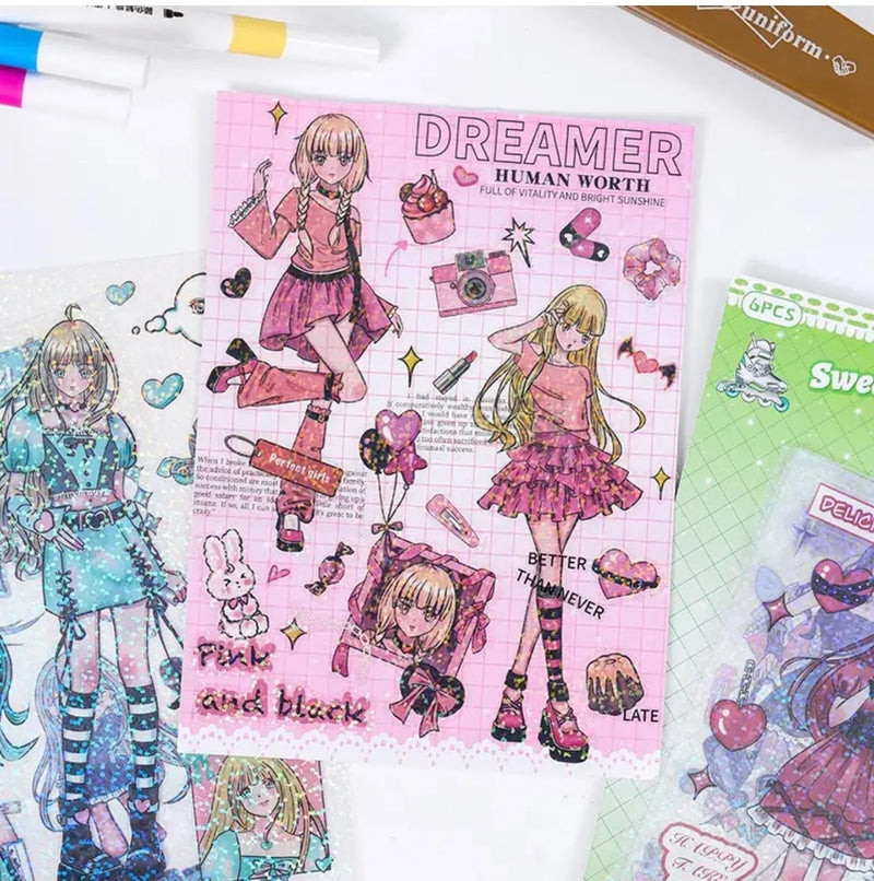 (Buy 1 Get 1 Free) Cute Anime girls  waterproof pet sticker for journaling and scrapbooking- Pack of 6 sheets