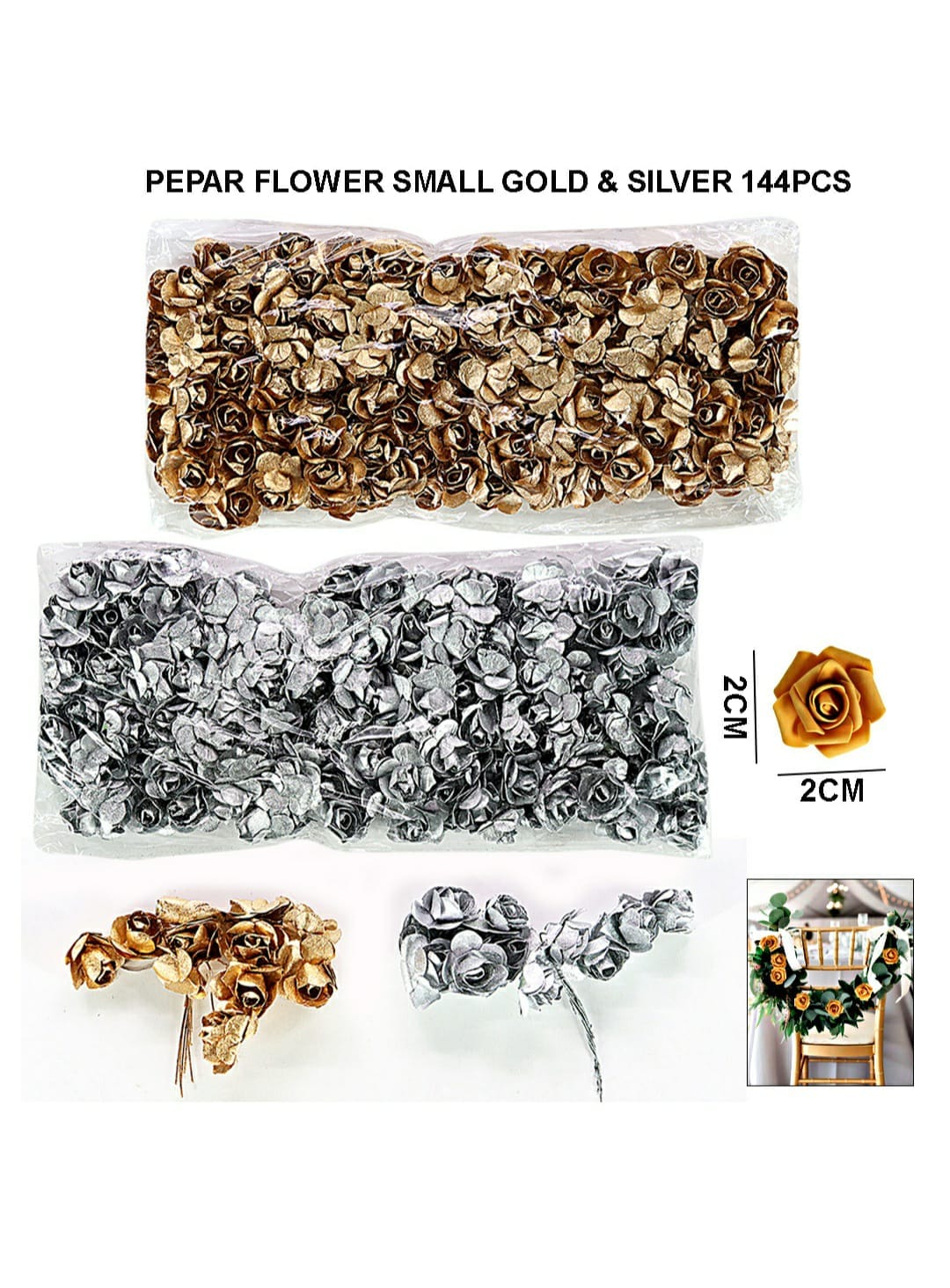 Paper Fake Flower Small Gold Silver for décor Contains144Pcs Pfsgdsr