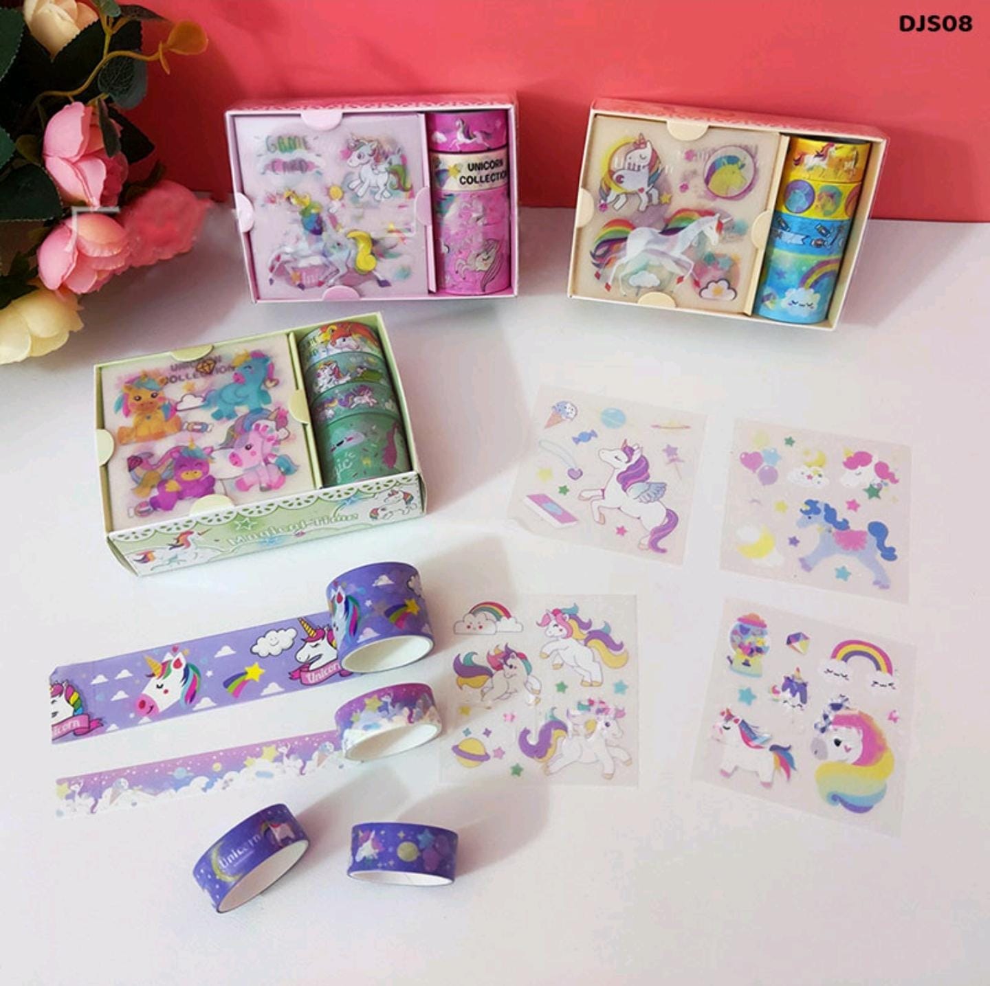 Premium unicorn set of 4 sticker and 4 tape roll for return gift