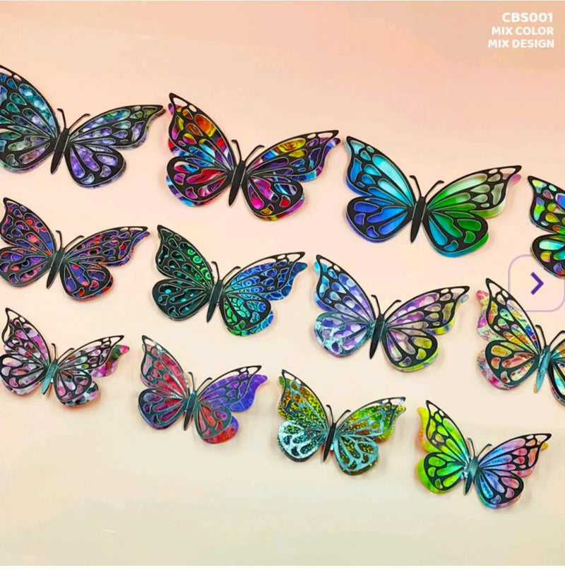 Vibrant 3D Butterfly Metallic Glitter Stickers - 12 Piece Set