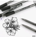 A set of precision pigment liner pens with black ink, displayed alongside a drawing of a flower on paper. The pens have precision tips, ergonomic grips, and are smudge-proof, waterproof, and fade-resistant.
