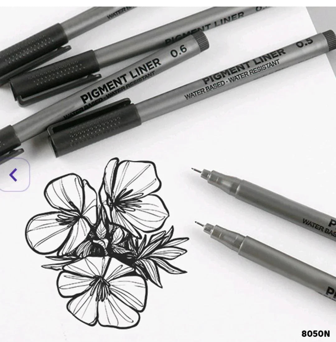 A set of precision pigment liner pens with black ink, displayed alongside a drawing of a flower on paper. The pens have precision tips, ergonomic grips, and are smudge-proof, waterproof, and fade-resistant.