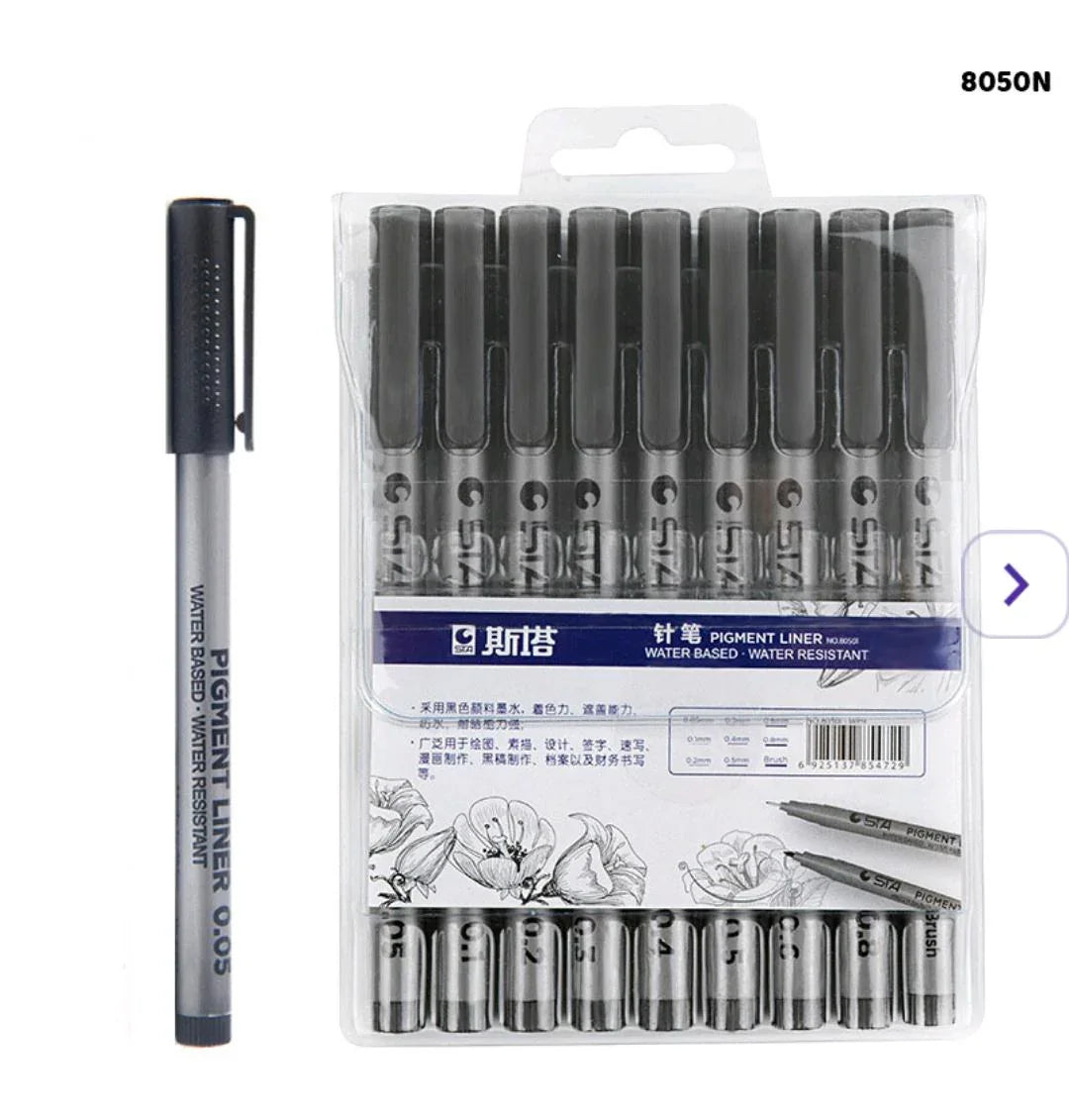 A set of precision pigment liner pens with black ink, displayed alongside a drawing of a flower on paper. The pens have precision tips, ergonomic grips, and are smudge-proof, waterproof, and fade-resistant.