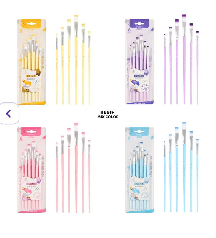 6 Piece Flat Paint Brush Set for Acrylic, Watercolor & More