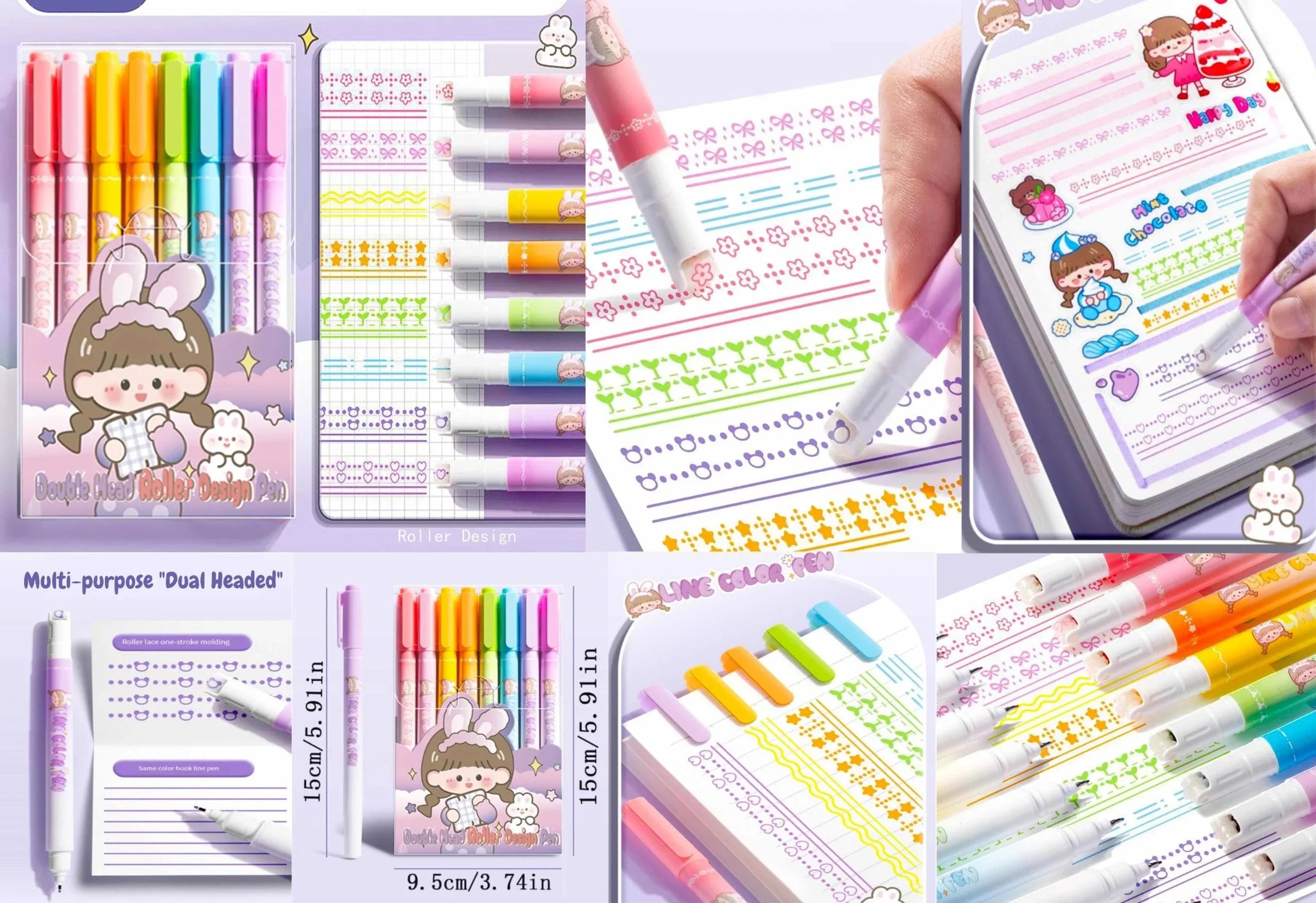 Dual Side Roller pen With color pen l pack of 8 pens