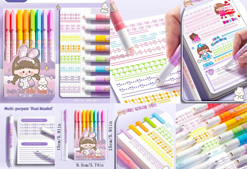 Dual Side Roller pen With color pen l pack of 8 pens