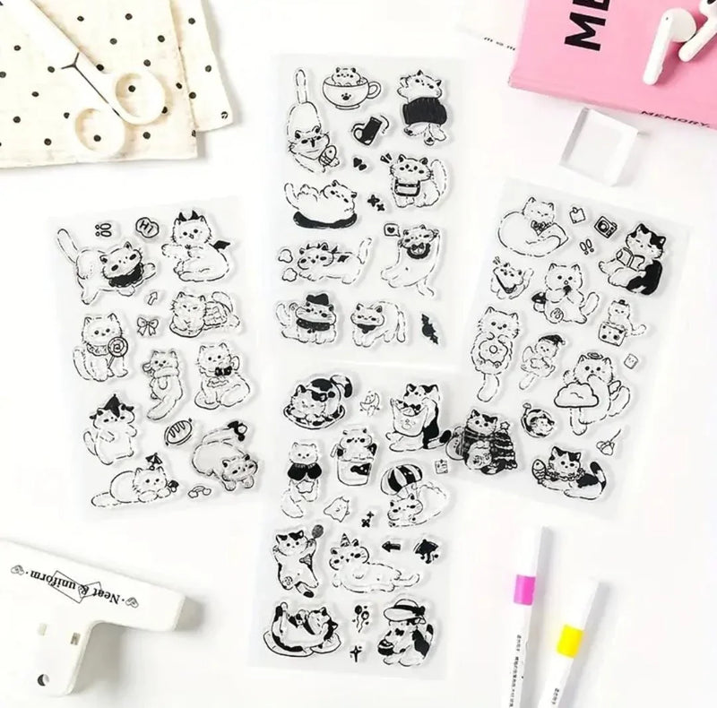 Cute Kitty Mini Clear Rubber Stamps – 1 Sheet with 14–17 Cat-Themed Designs for Journaling, Scrapbooking & DIY Crafts