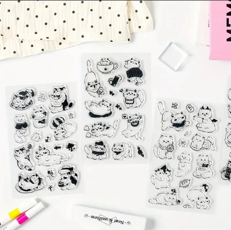 Cute Kitty Mini Clear Rubber Stamps – 1 Sheet with 14–17 Cat-Themed Designs for Journaling, Scrapbooking & DIY Crafts