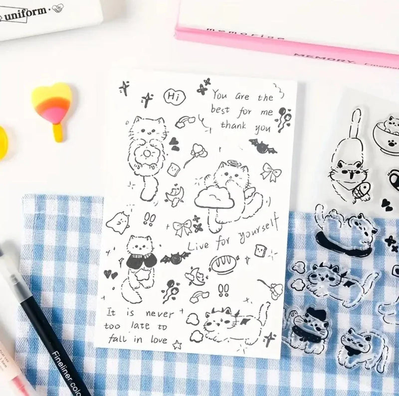 Cute Kitty Mini Clear Rubber Stamps – 1 Sheet with 14–17 Cat-Themed Designs for Journaling, Scrapbooking & DIY Crafts