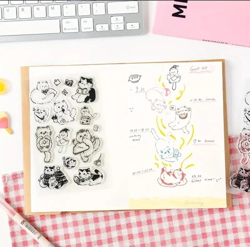 Cute Kitty Mini Clear Rubber Stamps – 1 Sheet with 14–17 Cat-Themed Designs for Journaling, Scrapbooking & DIY Crafts