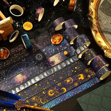 Universal Starry Washi Tape Set l 15MM X2 Mtr l Pack of 9 Decorative Rolls for Journals, Scrapbooking, and Crafts