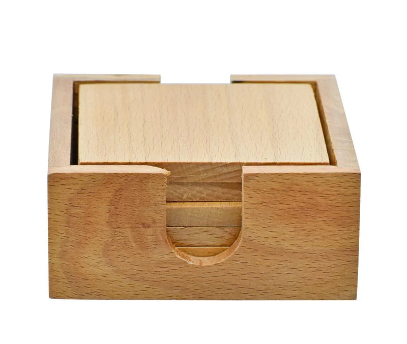 Wooden Tea Coaster Set – 6 Square Pieces with Holder
