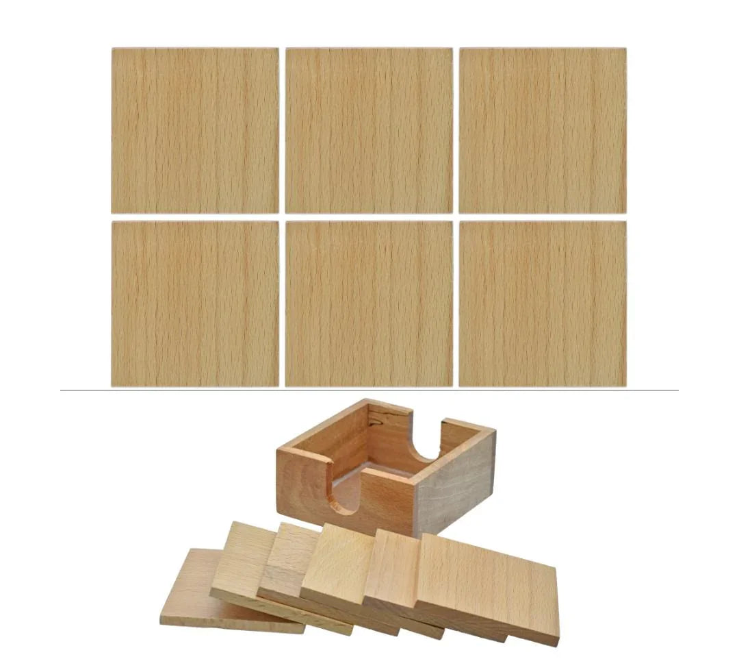 Wooden Tea Coaster Set – 6 Square Pieces with Holder