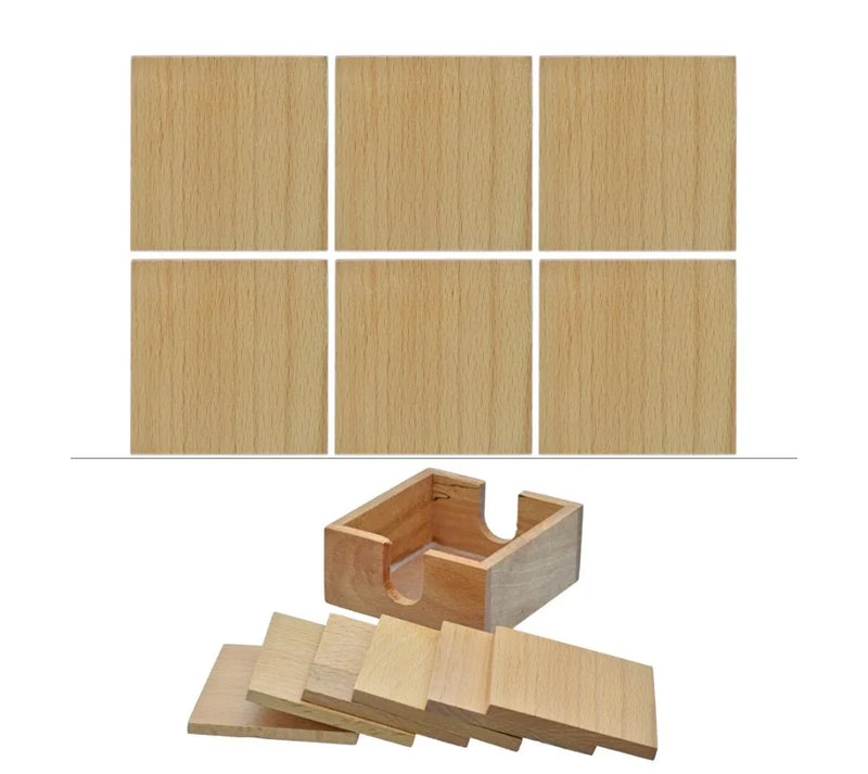 Wooden Tea Coaster Set – 6 Square Pieces with Holder